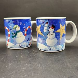 Festive Snowman Mugs with Blue and White Design